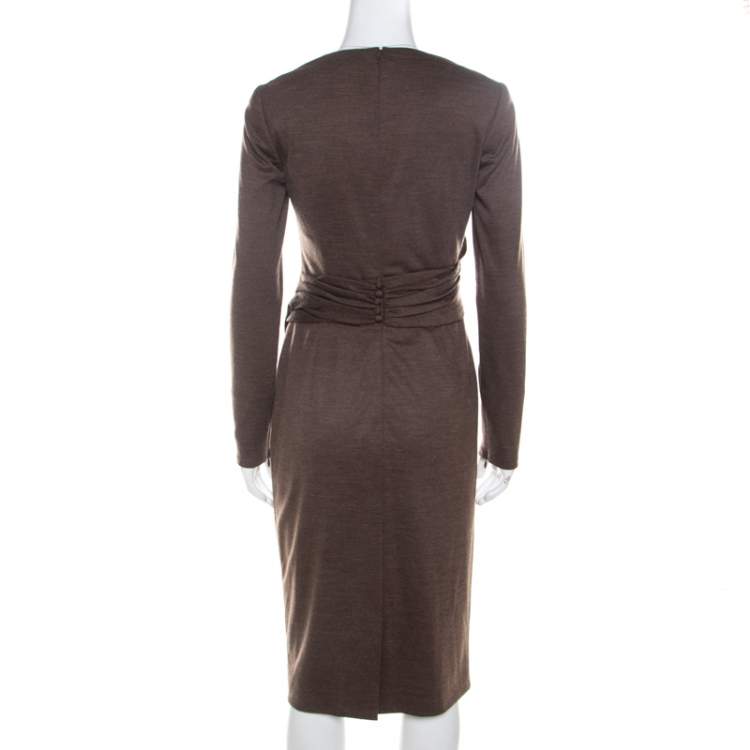 Pre Owned Carolina Herrera Brown Wool Asymmetric Draped Fitted Dress S 