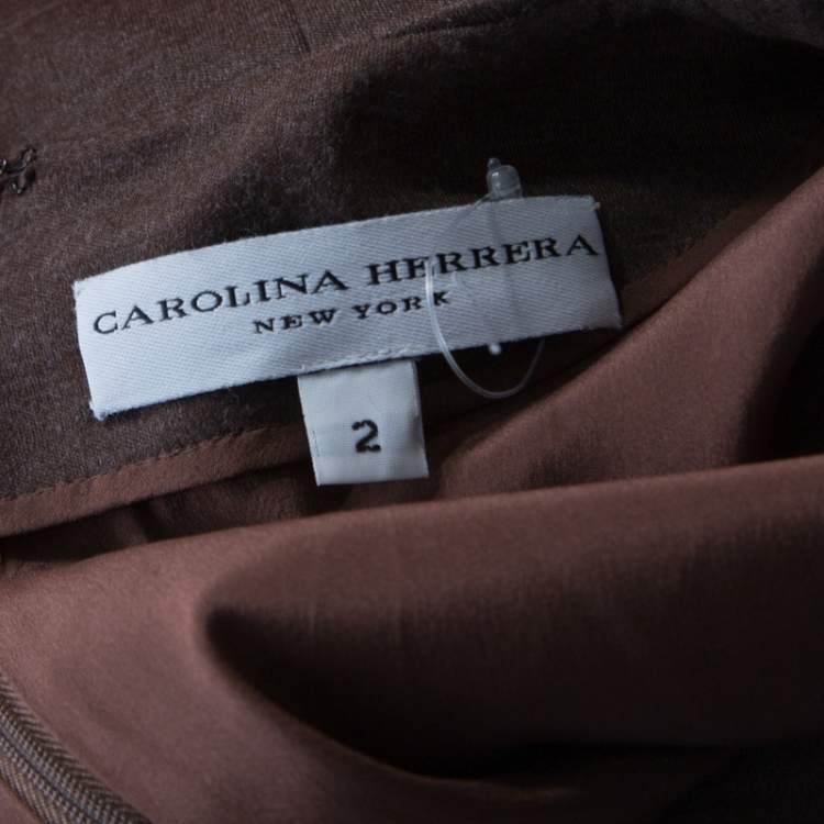 Pre Owned Carolina Herrera Brown Wool Asymmetric Draped Fitted Dress S 