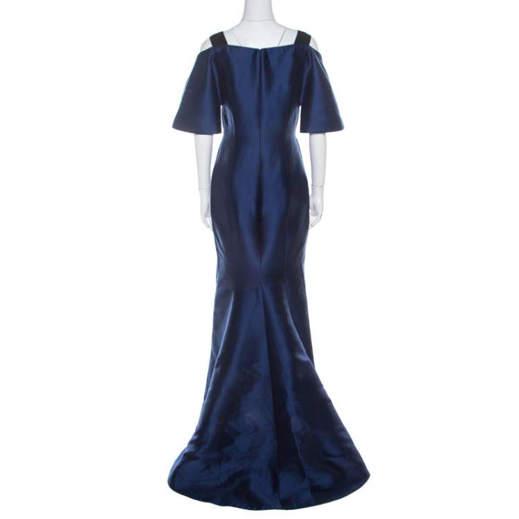 Pre Owned Carolina Herrera Navy Blue Silk Blend Embellished Strap Evening Gown S 