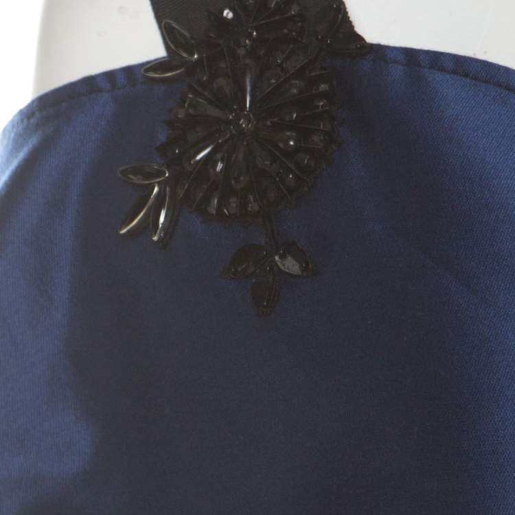 Pre Owned Carolina Herrera Navy Blue Silk Blend Embellished Strap Evening Gown S 