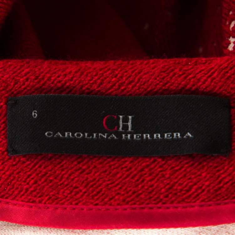 Pre Owned Carolina Herrera Red Textured Wool Short Sleeve Pencil Dress M 