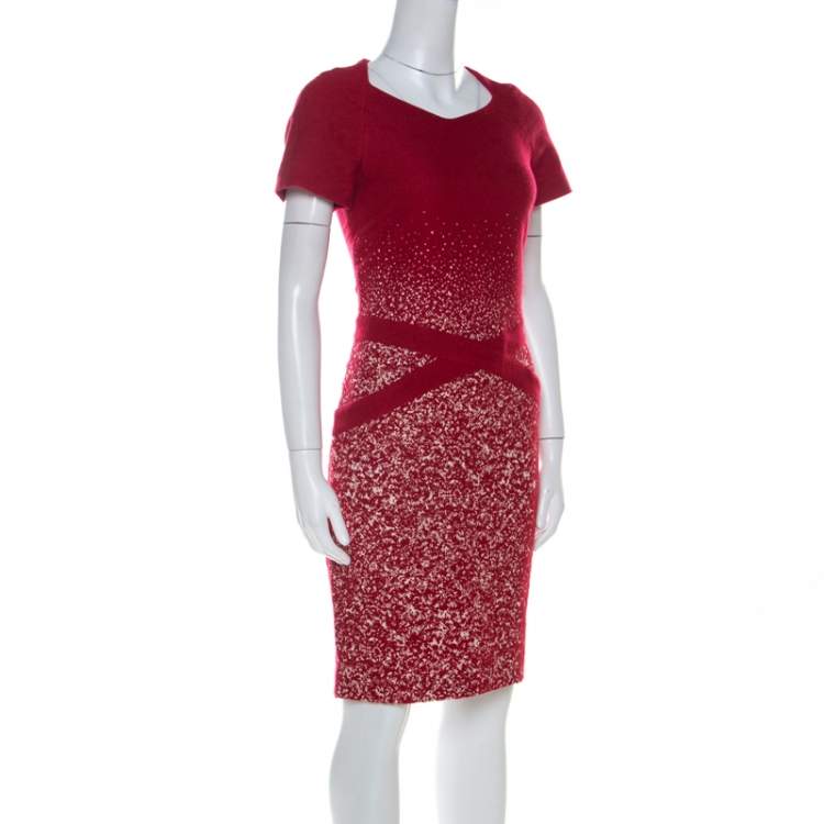 Pre Owned Carolina Herrera Red Textured Wool Short Sleeve Pencil Dress M 