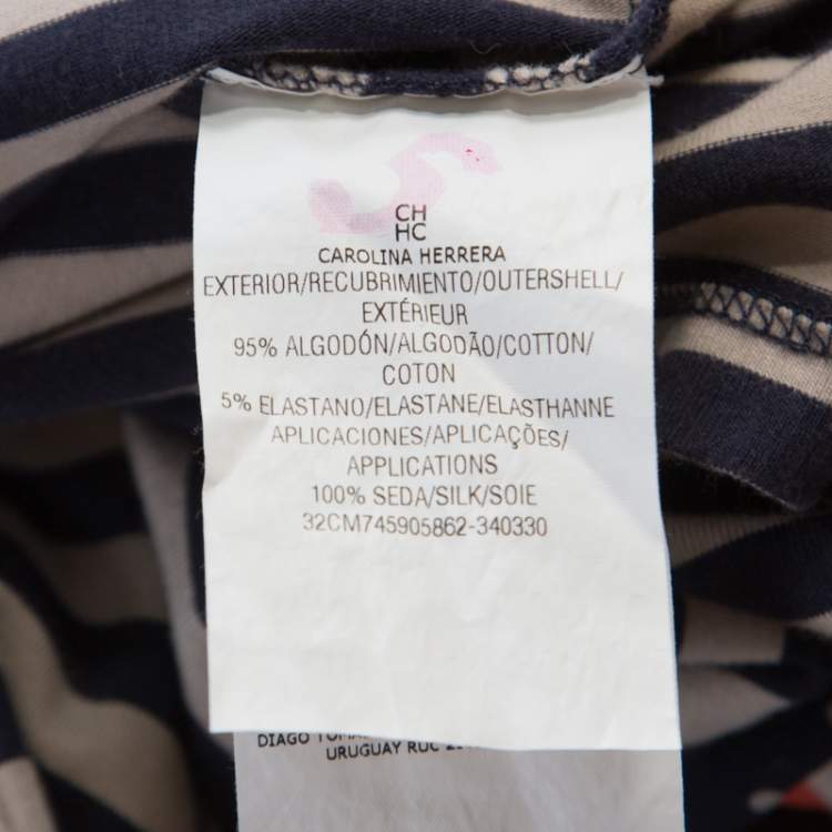 Pre Owned CH Carolina Herrera Blue and Beige Striped Cotton Jersey Necktie Detail Top XS