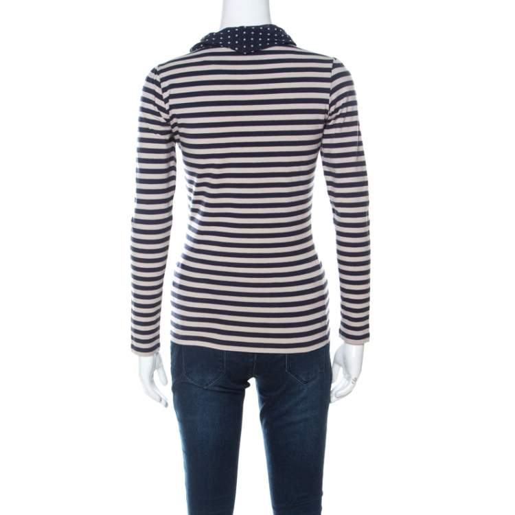 Pre Owned CH Carolina Herrera Blue and Beige Striped Cotton Jersey Necktie Detail Top XS