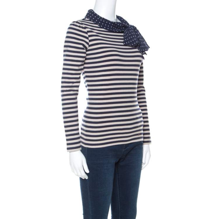 Pre Owned CH Carolina Herrera Blue and Beige Striped Cotton Jersey Necktie Detail Top XS