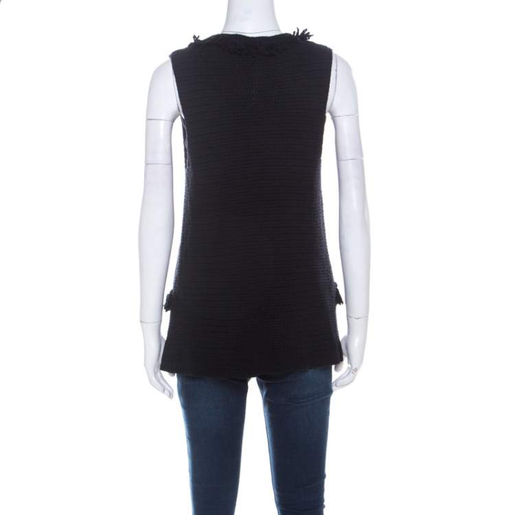 Pre Owned CH Carolina Herrera Black Chunky Knit Merino Wool Fringed Sleeveless Cardigan XS