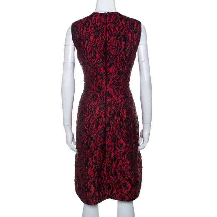 Pre Owned Carolina Herrera Red Floral Patterned Jacquard Sleeveless Sheath Dress L