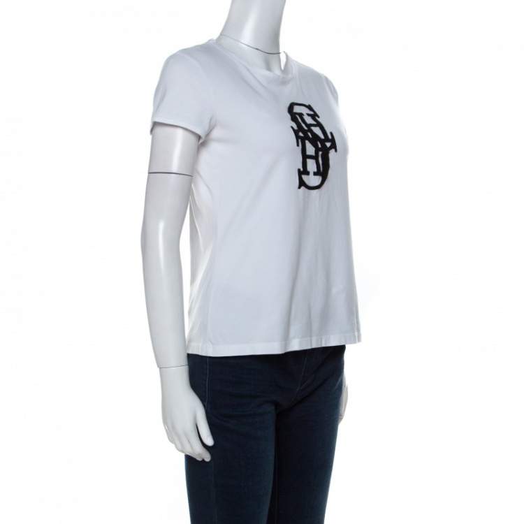 Pre Owned CH Carolina Herrera White Cotton Embroidered Logo Detail T-Shirt S