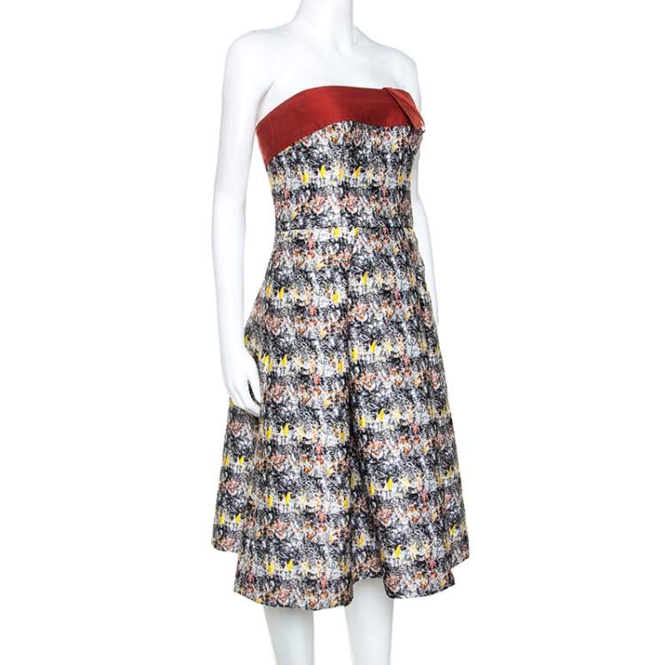 Pre Owned Carolina Herrera Multicolor Jacquard Strapless Dress L