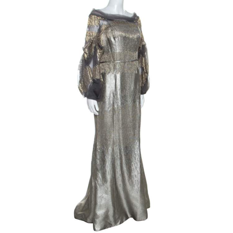 Pre Owned Carolina Herrera Silver Jacquard Embellished Detail Off Shoulder Gown M
