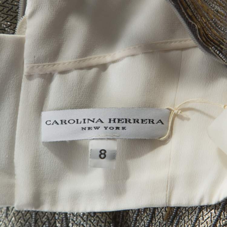 Pre Owned Carolina Herrera Silver Jacquard Embellished Detail Off Shoulder Gown M