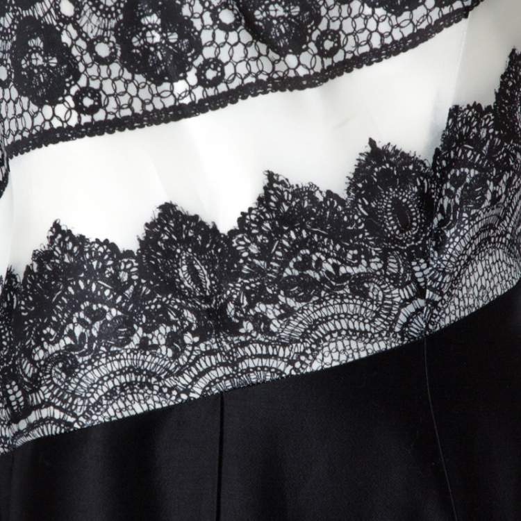 Pre Owned Carolina Herrera Monochrome Lace Print Silk One Shoulder Evening Gown M