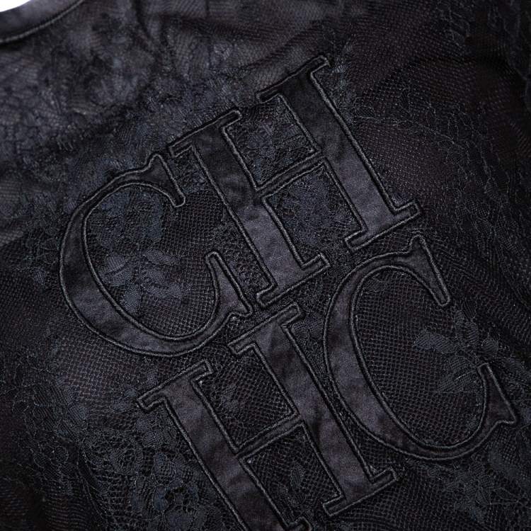 Pre Owned CH Carolina Herrera Black Lace Logo Applique Crew Neck Short Sleeve Top XS