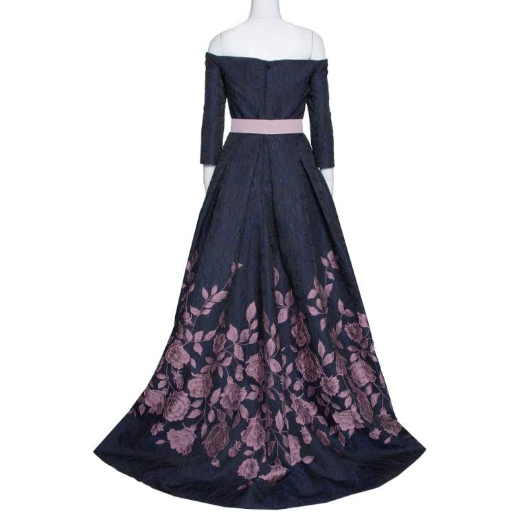 Pre Owned Carolina Herrera Navy Blue Floral Jacquard Off Shoulder Gown L