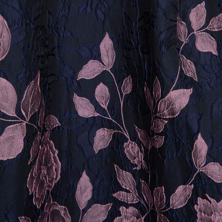 Pre Owned Carolina Herrera Navy Blue Floral Jacquard Off Shoulder Gown L