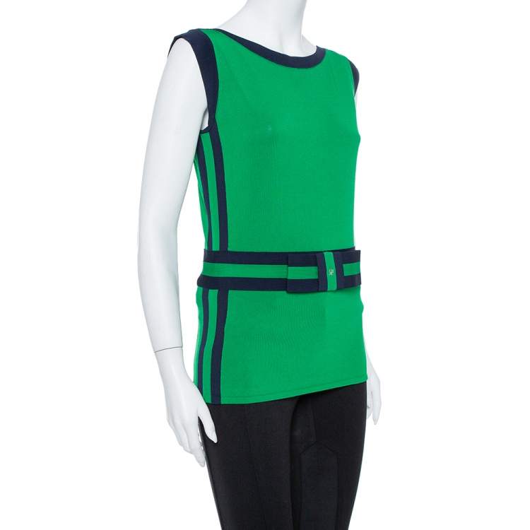 مملوكة مسبقًا CH Carolina Herrera Green Knit Contrast Trim Bow Detail Sleeveless Top M