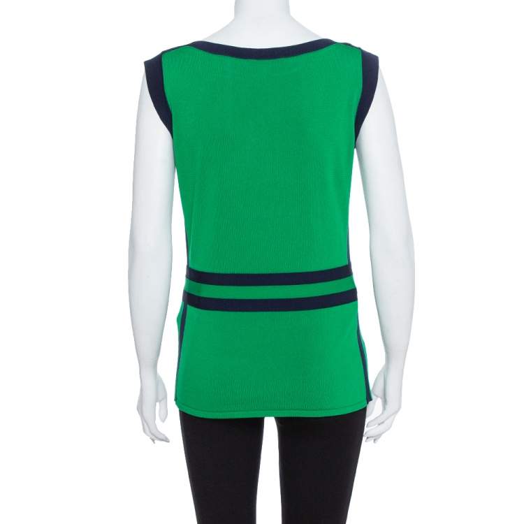 مملوكة مسبقًا CH Carolina Herrera Green Knit Contrast Trim Bow Detail Sleeveless Top M