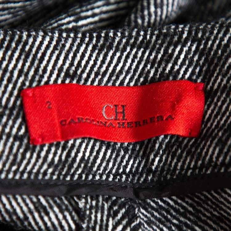 Pre Owned Carolina Herrera Monochrome Striped Wool High Waist Straight Leg Trousers S