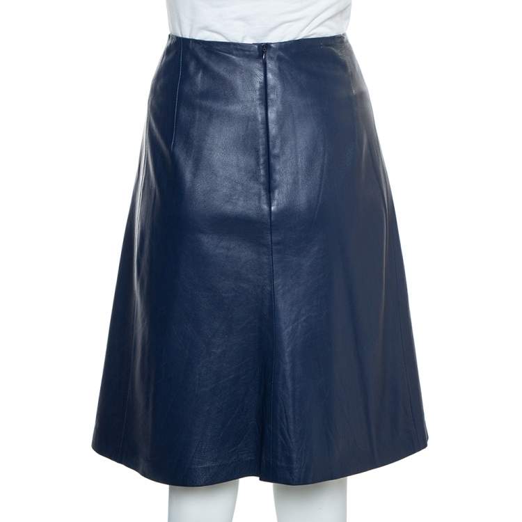 Pre Owned Carolina Herrera Navy Blue Leather A-Line Skirt L