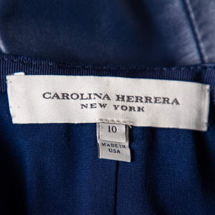 Pre Owned Carolina Herrera Navy Blue Leather A-Line Skirt L
