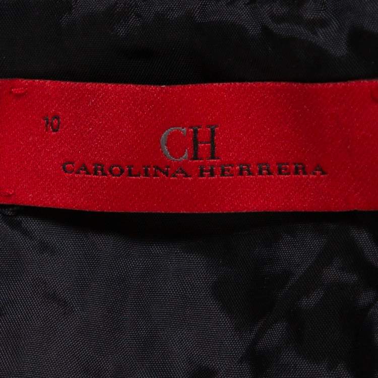Pre Owned CH Carolina Herrera Red & Black Floral Crinkled Brocade Flared Maxi Dress L
