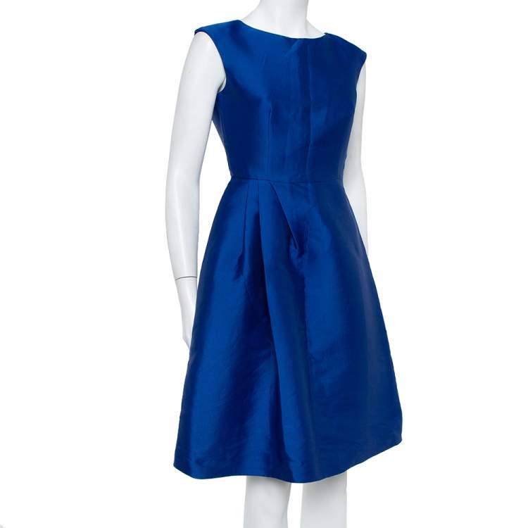 Pre Owned CH Carolina Herrera Royal Blue Silk Draped Detail Flared Dress S