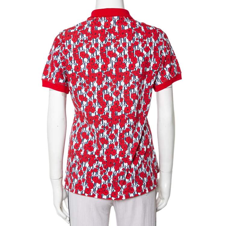 Pre Owned CH Carolina Herrera Red Floral & Logo Printed Cotton Pique Polo T-Shirt M