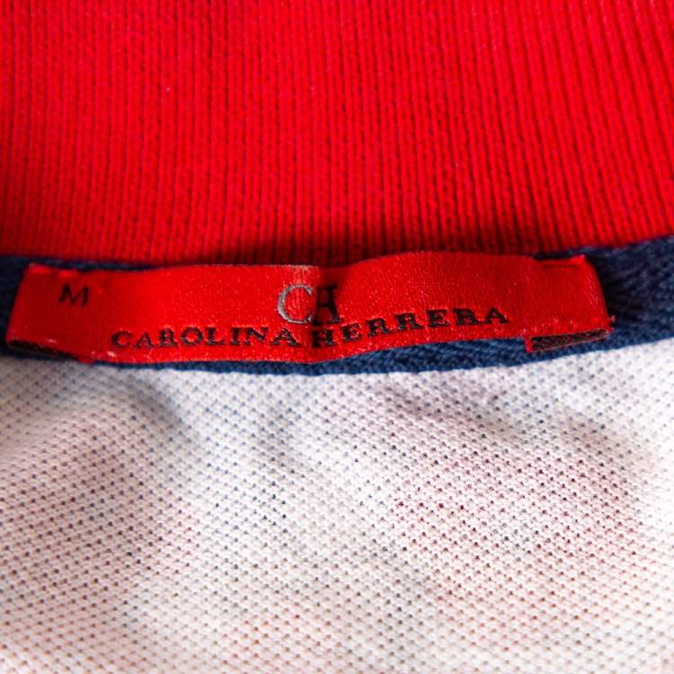 Pre Owned CH Carolina Herrera Red Floral & Logo Printed Cotton Pique Polo T-Shirt M