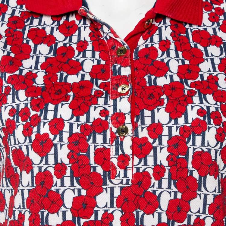 Pre Owned CH Carolina Herrera Red Floral & Logo Printed Cotton Pique Polo T-Shirt M