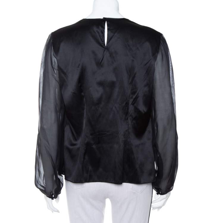 Pre Owned CH Carolina Herrera Black Satin Pleated Detail Top L