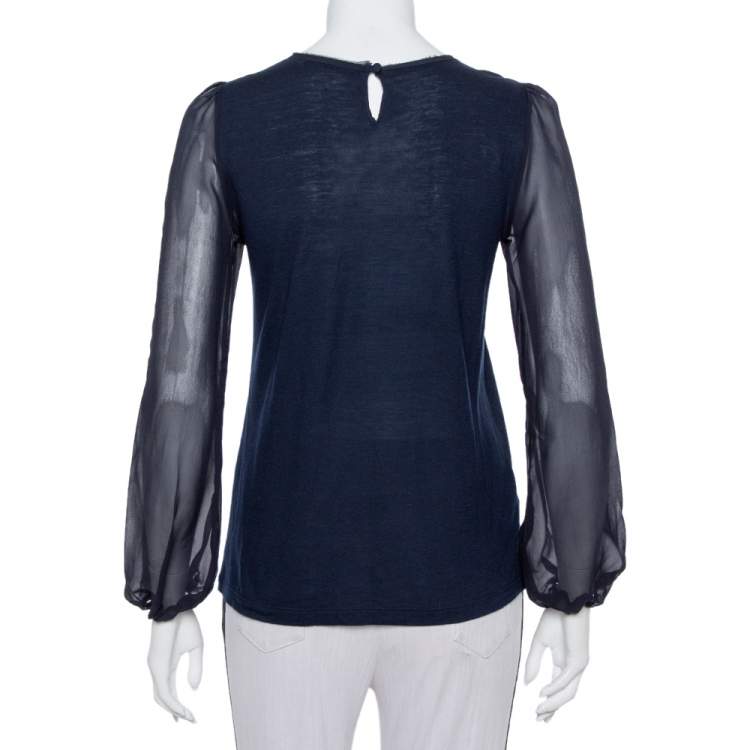Pre Owned CH Carolina Herrera Navy Blue Wool & Silk Top XS