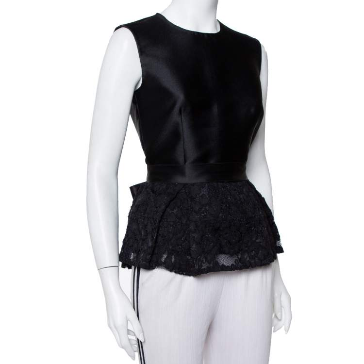 Pre Owned CH Carolina Herrera Black Satin & Lace Belted Peplum Top M