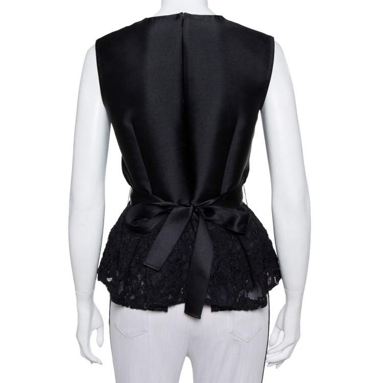 Pre Owned CH Carolina Herrera Black Satin & Lace Belted Peplum Top M