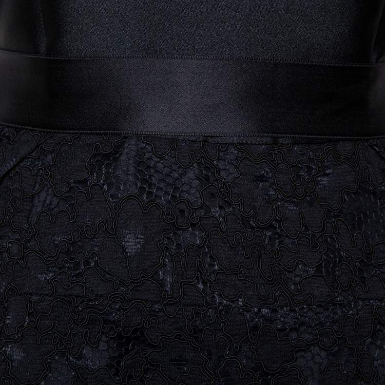 Pre Owned CH Carolina Herrera Black Satin & Lace Belted Peplum Top M