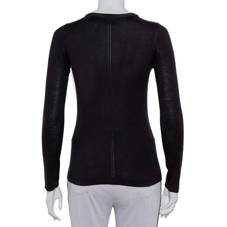 Pre Owned Carolina Herrera Black Knit Contrast Neck Detail Button Front Cardigan XS