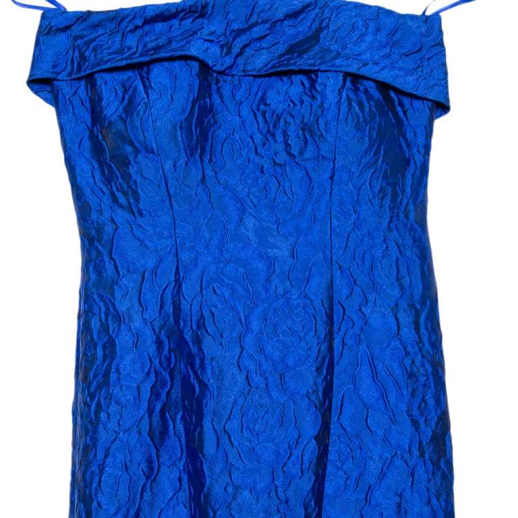Pre Owned CH Carolina Herrera Royal Blue Crinkled Jacquard Strapless Gown S