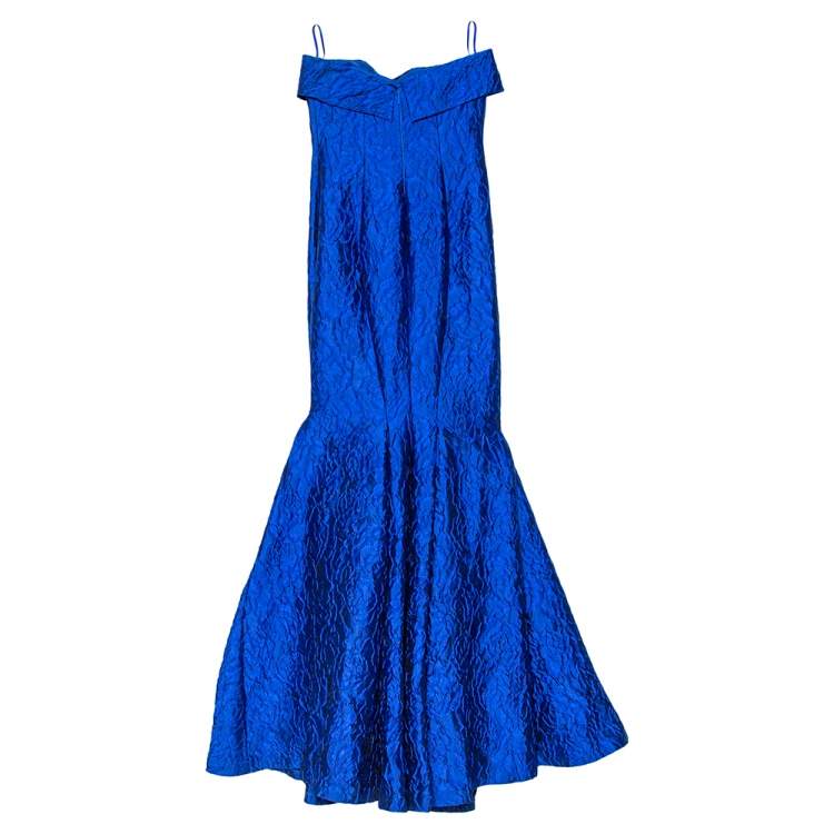 Pre Owned CH Carolina Herrera Royal Blue Crinkled Jacquard Strapless Gown S