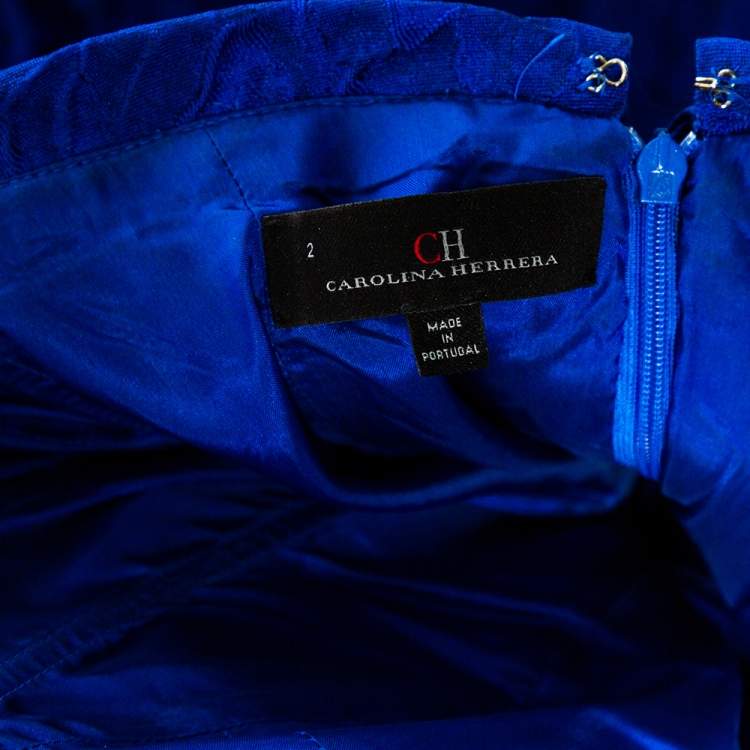 Pre Owned CH Carolina Herrera Royal Blue Crinkled Jacquard Strapless Gown S