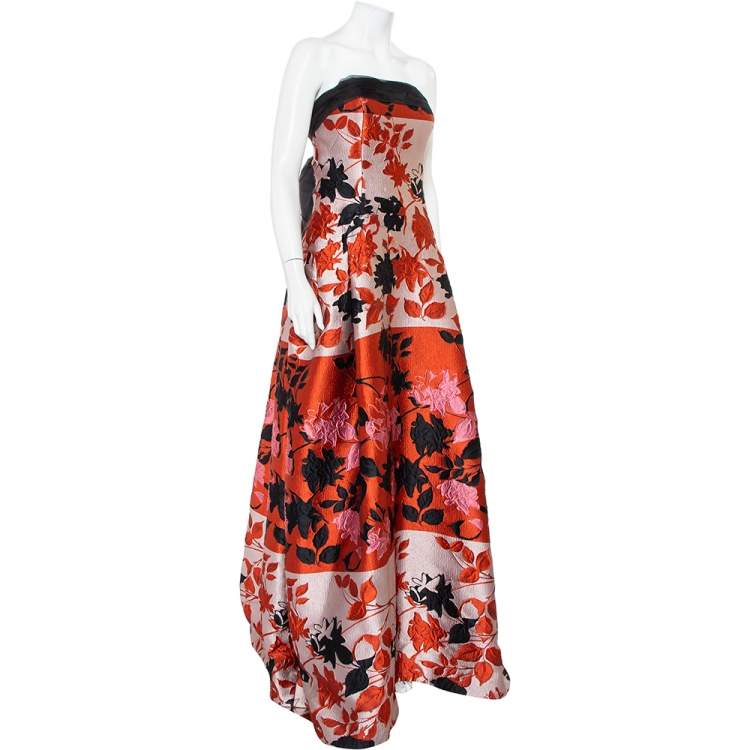Pre Owned Carolina Herrera Multicolor Floral Jacquard Strapless Gown L