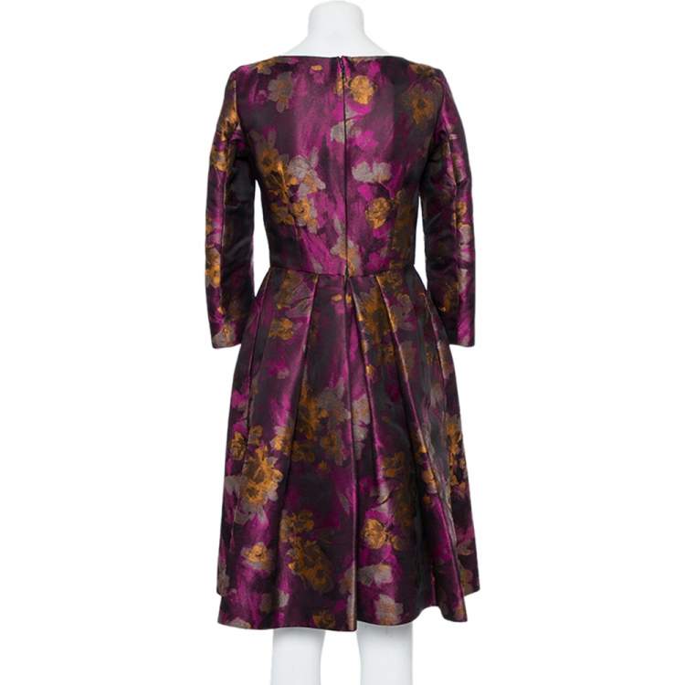 Pre Owned CH Carolina Herrera Magenta Floral Jacquard Pleated Midi Dress S
