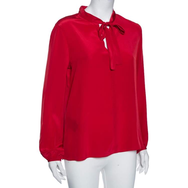 Pre Owned Carolina Herrera Red Silk Neck Tie Detail Blouse M 