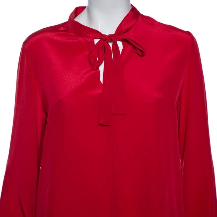 Pre Owned Carolina Herrera Red Silk Neck Tie Detail Blouse M 