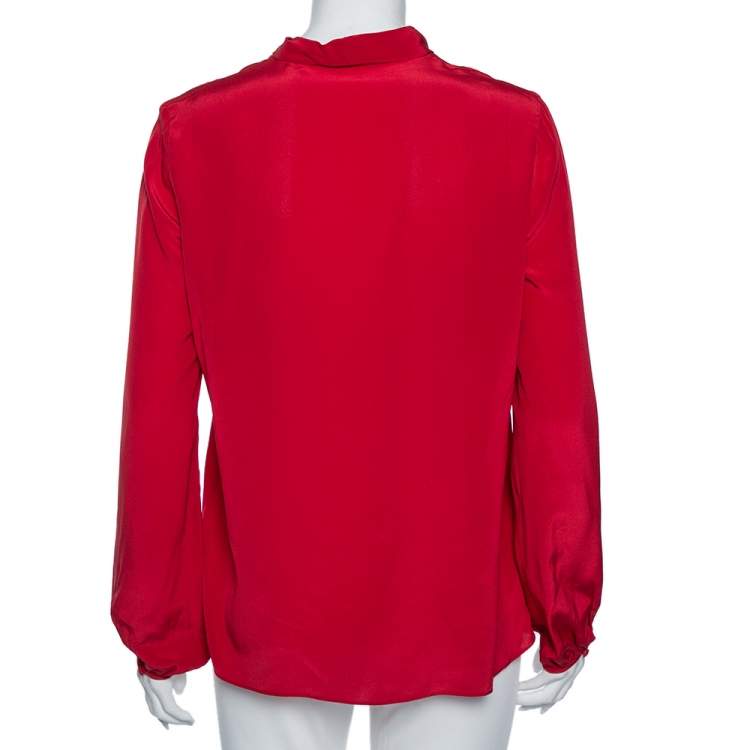 Pre Owned Carolina Herrera Red Silk Neck Tie Detail Blouse M 