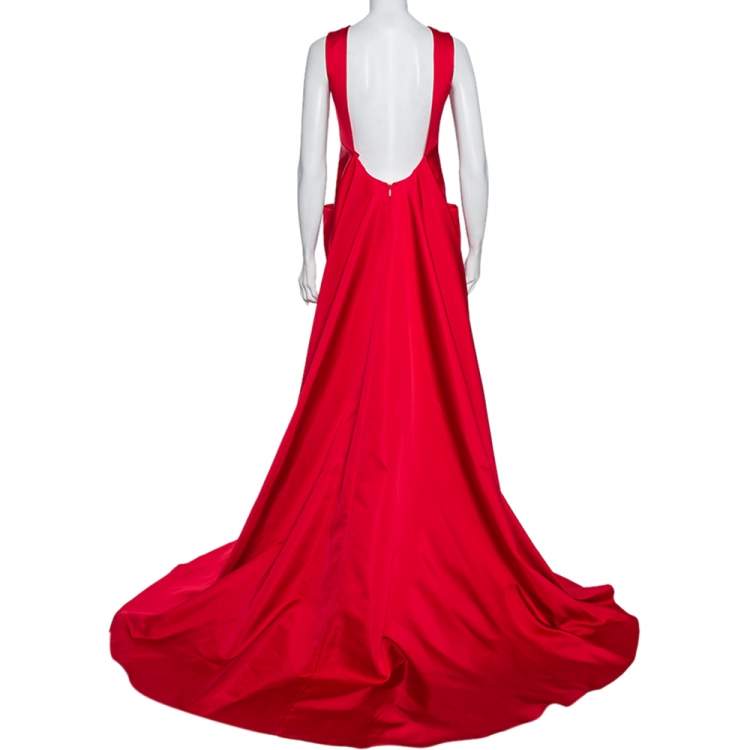 Pre Owned Carolina Herrera Red Sateen Backless Evening Gown M
