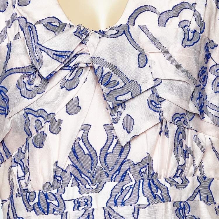 Pre Owned Carolina Herrera Light Pink Floral Fil Coupe Pleated Bow Detail Gown XL