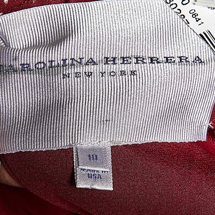Pre Owned Carolina Herrera Burgundy Silk Taffeta Pleated Detail Belted Gown L