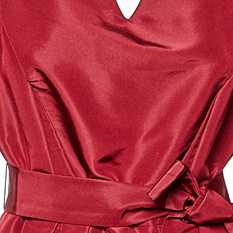 Pre Owned Carolina Herrera Burgundy Silk Taffeta Pleated Detail Belted Gown L