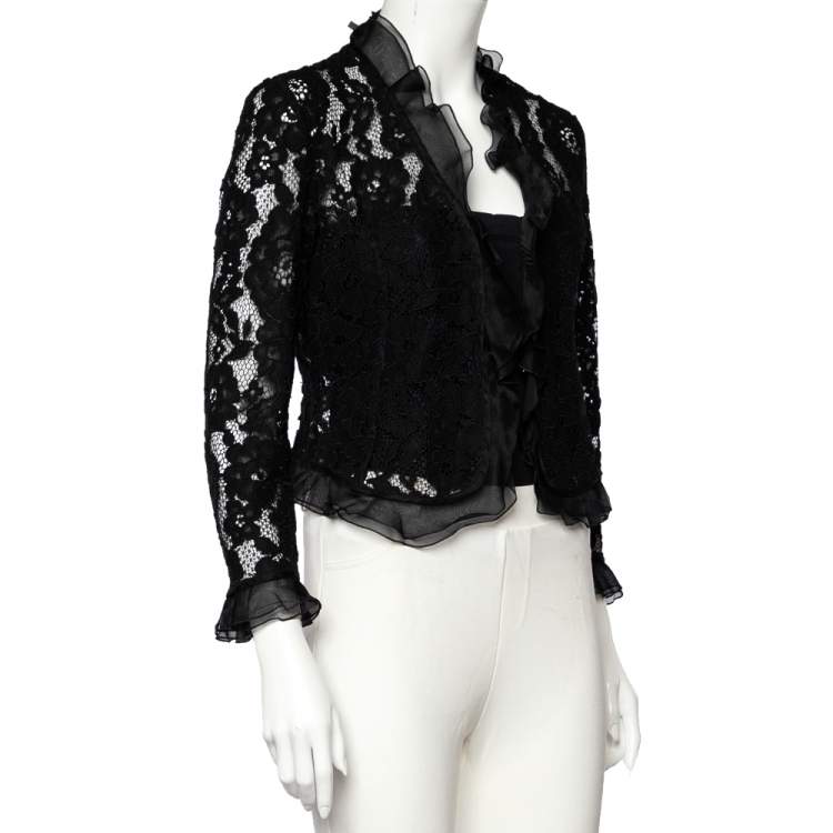 Pre Owned Carolina Herrera Black Lace Ruffled Trim Button Front Shrug M