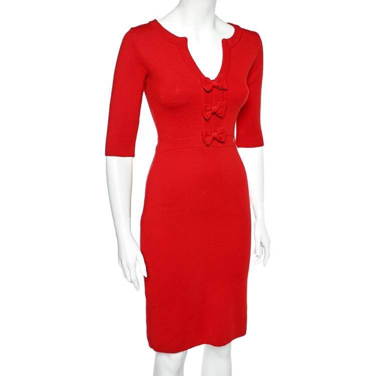 Pre Owned CH Carolina Herrera Red Wool Knit Bow Detail Dress XS