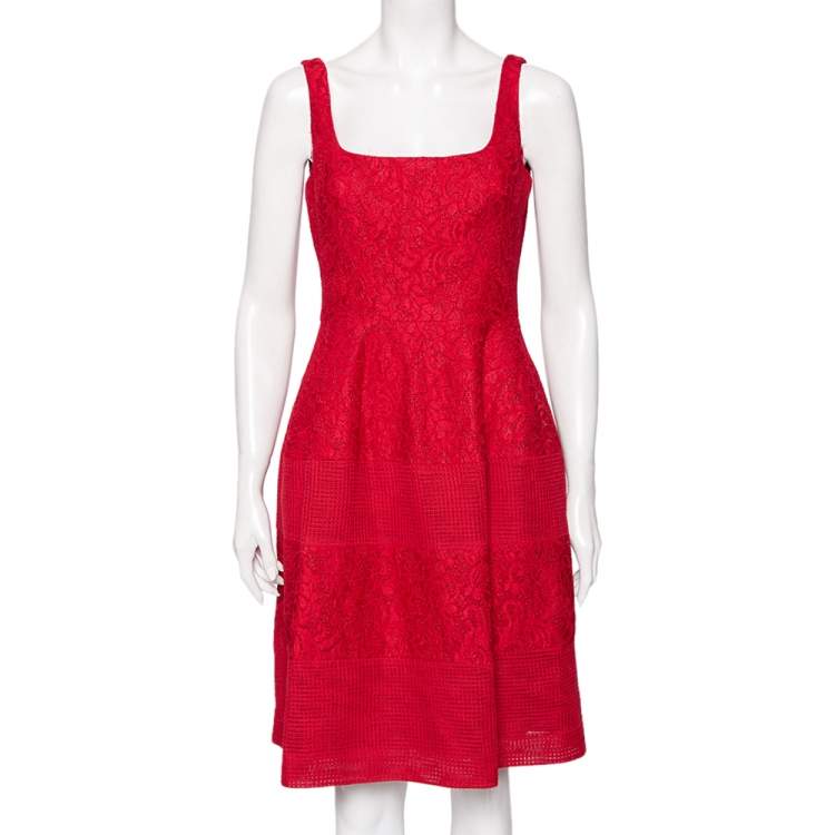 Carolina Herrera Red Lace & Mesh Paneled Sleeveless Flared Dress S ...